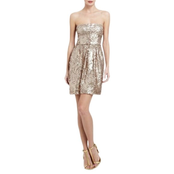 BCBGMAXAZRIA Carole Gold Sequin Strapless Mini Dress Size 0 Party Showgirl - Picture 2 of 13